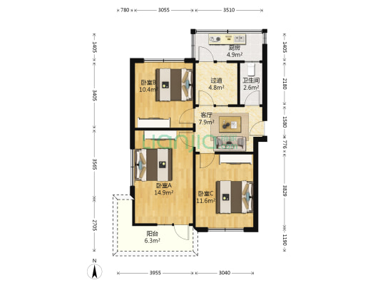 中新路15号 3室1厅1卫 69平方