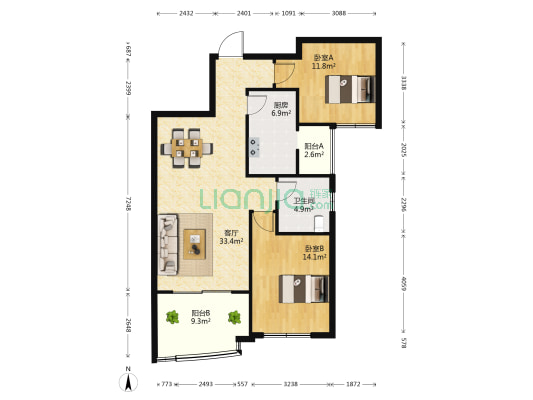 康桥小区 2室1厅1卫 102平方