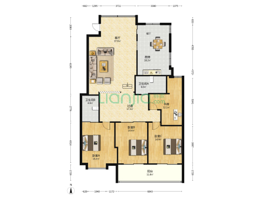 锦江花园二区 4室1厅2卫 163平方