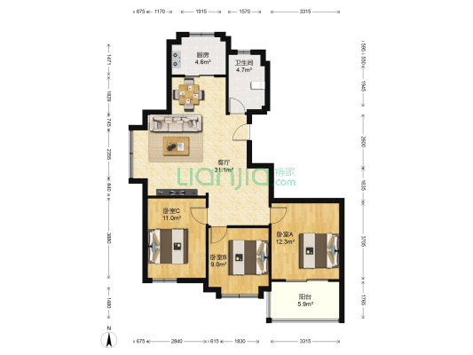 香榭湾 3室1厅1卫 105平方