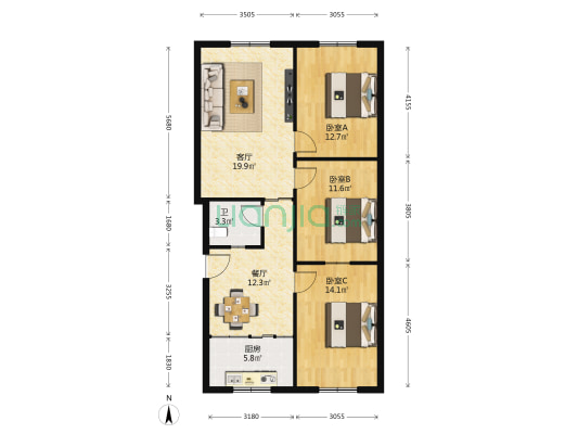 苑陵胡同 3室2厅1卫 99平方