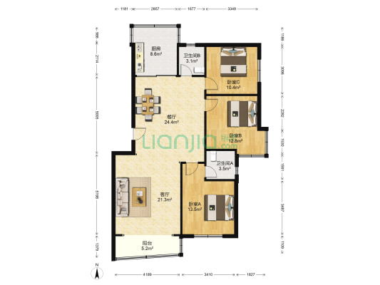金三角花园 3室2厅2卫 126平方