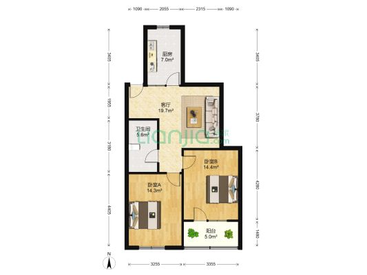 电影公司住宅 2室1厅1卫 78平方