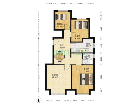 万科金域华府C区 3室1厅1卫 92平方