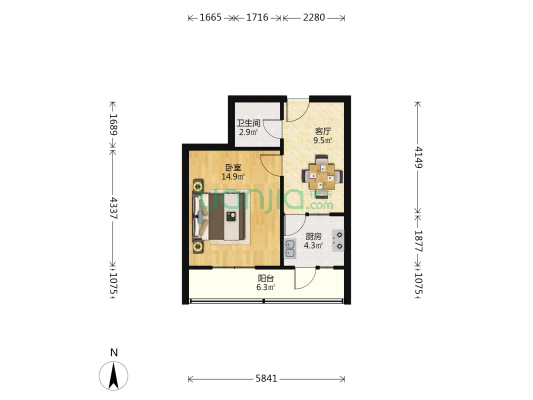 先锋公寓 1室1厅1卫 44平方