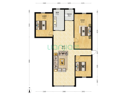 市府路87号 3室1厅1卫 126平方
