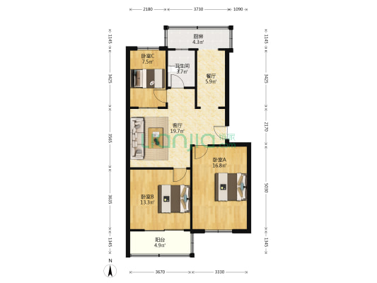 新城西小区 3室2厅1卫 90平方