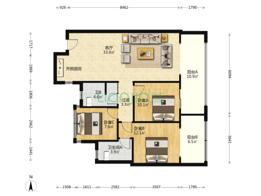 融创观澜湖公园壹号四期 3室1厅2卫 108平方