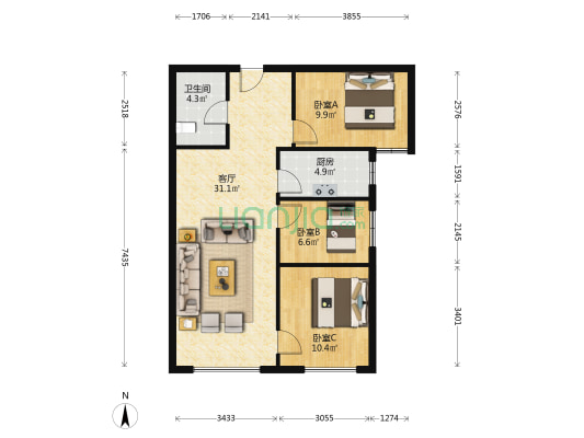 精装修，满二，经典南向小三居，低楼层，出行方便-户型图