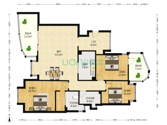 米兰香洲 3室1厅2卫 131平方