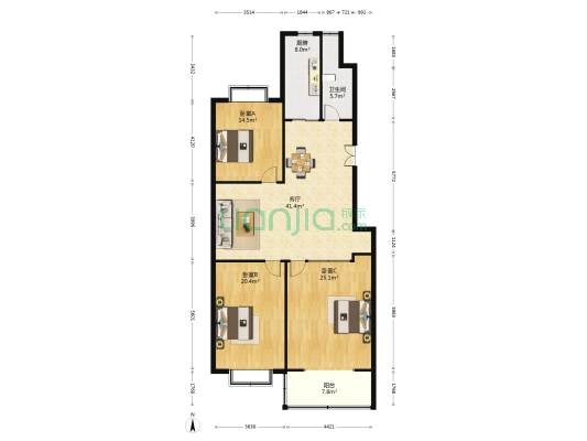 东方家园 3室1厅1卫 157平方