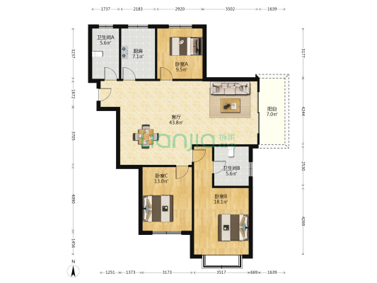 星际公寓 3室1厅2卫 149平方
