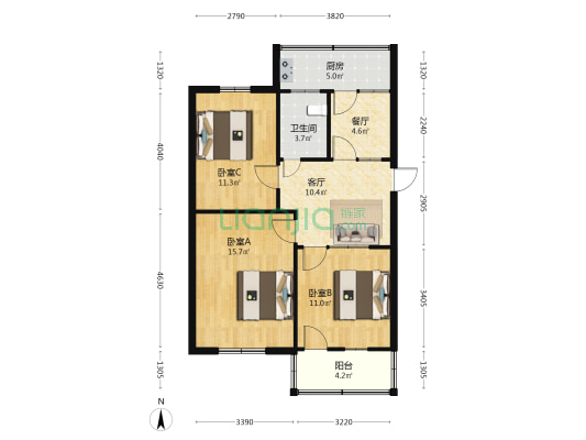 江苏开通建设工程有限公司宿舍区 3室2厅1卫 77平方