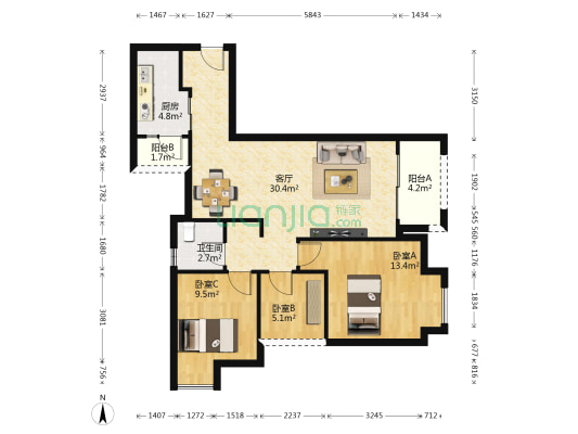 华宇星云汇 3室1厅1卫 89平方