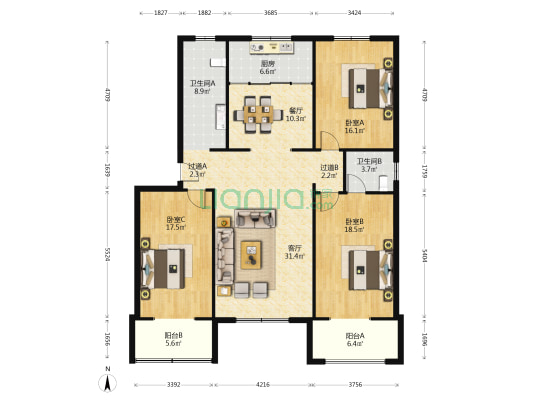 纺一路财苑小区 3室2厅2卫 154平方