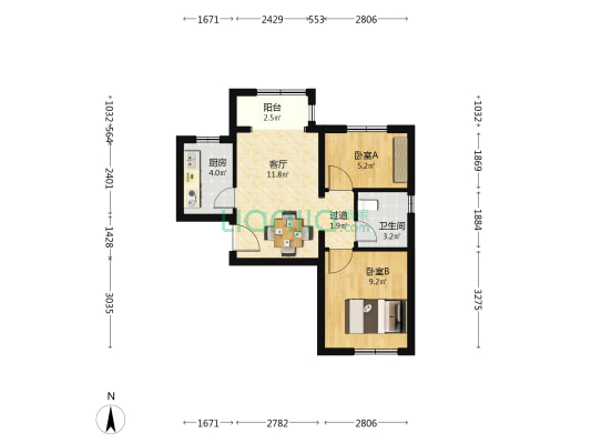 中门寺街37号院 2室1厅1卫 60平方