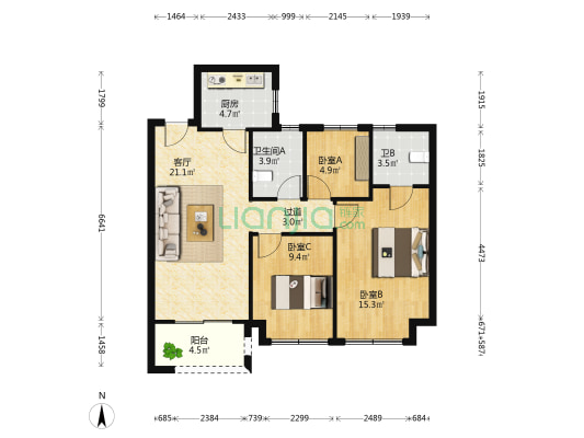 大众馨苑 3室1厅2卫 88平方