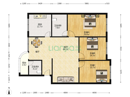 眉东大市场家属区 3室1厅2卫 148平方