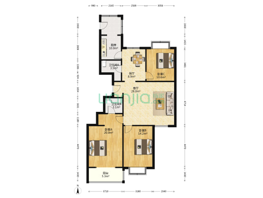 千泓花苑 3室2厅2卫 148平方