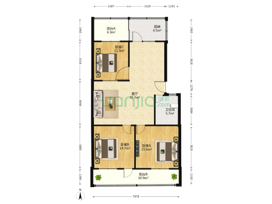 长汇园小区 3室1厅1卫 123平方