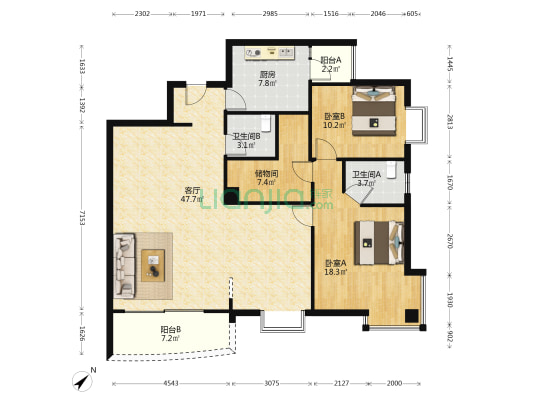黄浦嘉苑  2室1厅2卫 135平方