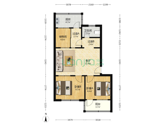 潍坊职业学院宿舍院 2室1厅1卫 68平方