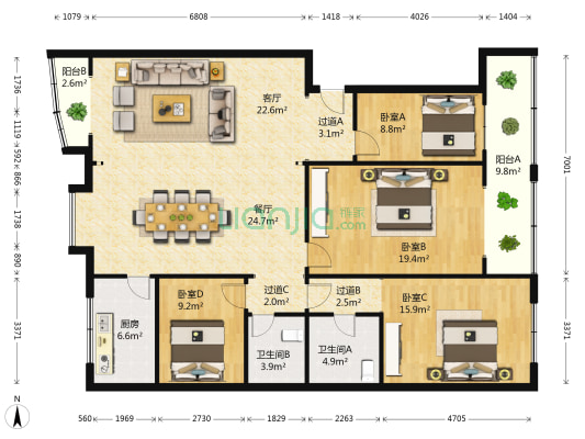 县前街869号 4室2厅2卫 159平方