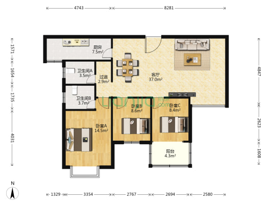 三角花园星城 3室1厅2卫 124平方