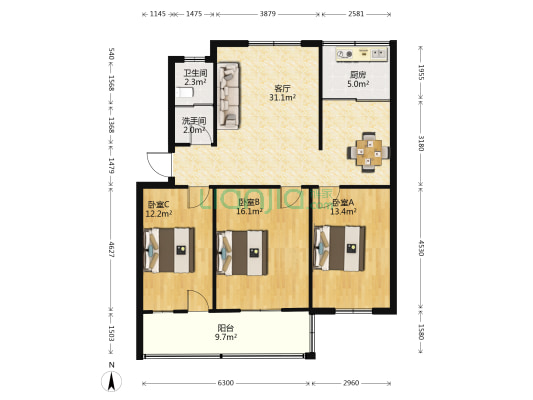 推广站 3室1厅2卫 105平方