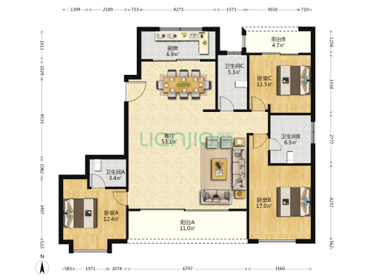 天朗熙湖 3室1厅3卫 166平方