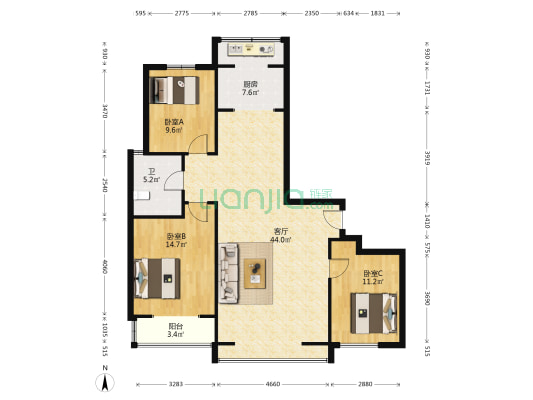 宏翔里香木林 3室1厅1卫 128平方