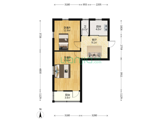 窑山北路 2室1厅1卫 55平方