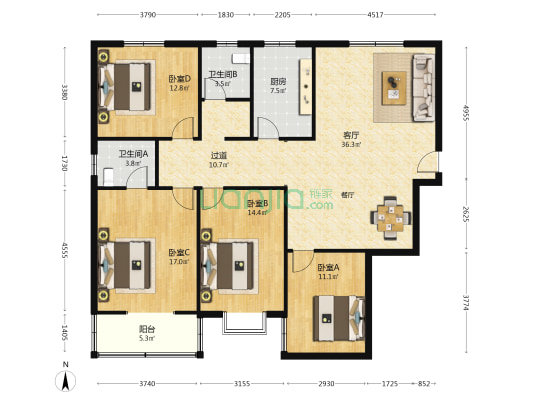 经北一路123号 4室1厅2卫 160平方