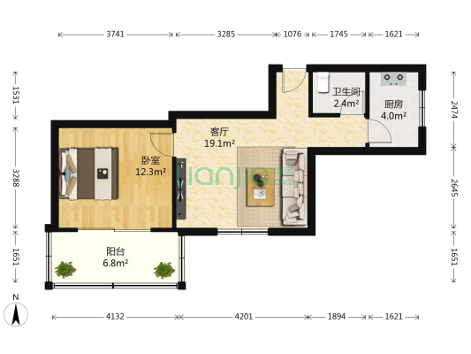 人民苑 1室1厅1卫 53平方