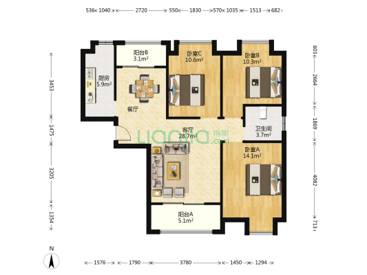翔悦·百悦府 3室1厅1卫 108平方