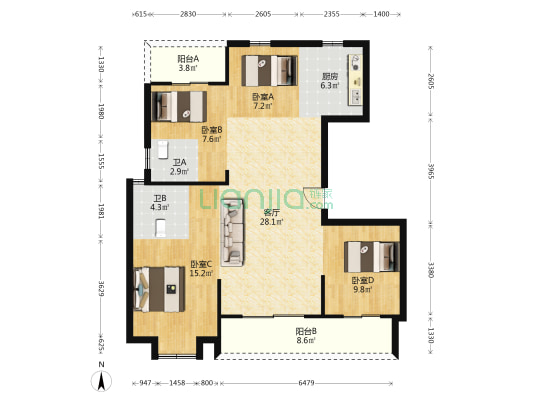 江汇城一期 4室1厅2卫 114平方