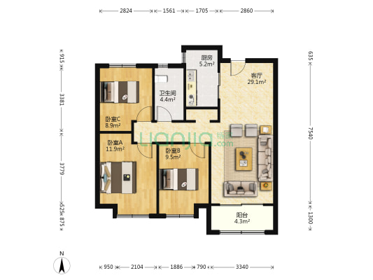 保利海德公园 3室1厅1卫 106平方