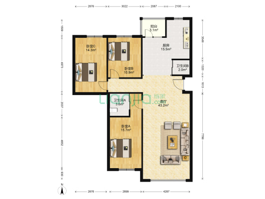 友嘉超市小区 3室1厅2卫 143平方