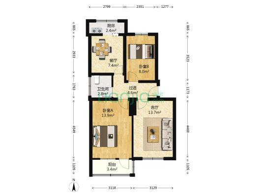 莱动小区 2室2厅1卫 73平方