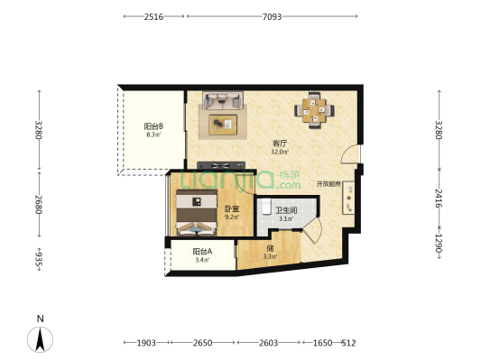 鸿洲·国际公馆 1室1厅1卫 68平方