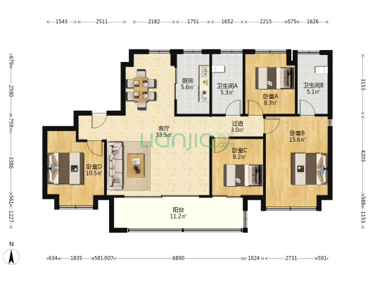 大华锦绣江来 4室1厅2卫 135平方