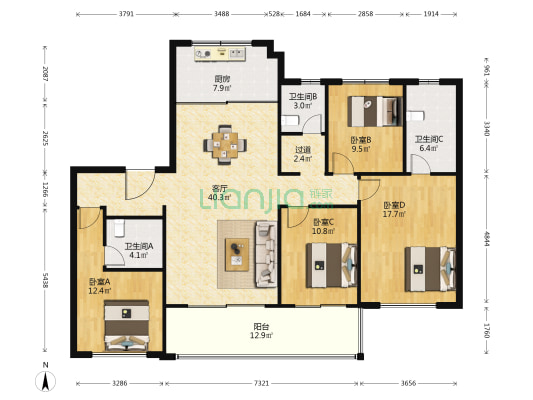 中海·逸江源境 4室1厅3卫 168平方