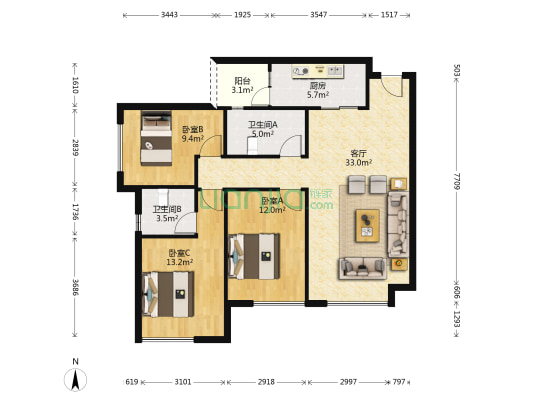 芙蓉天府 3室1厅2卫 96平方