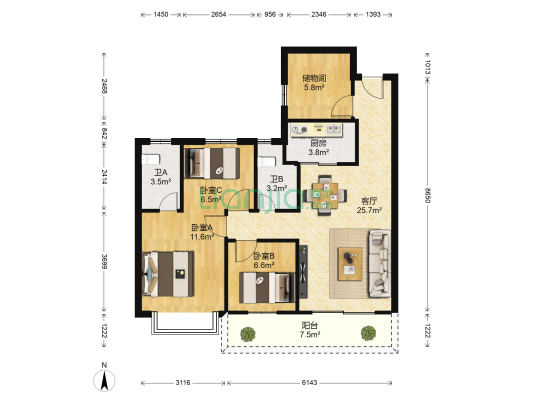 联发君澜二期 3室1厅2卫 89平方