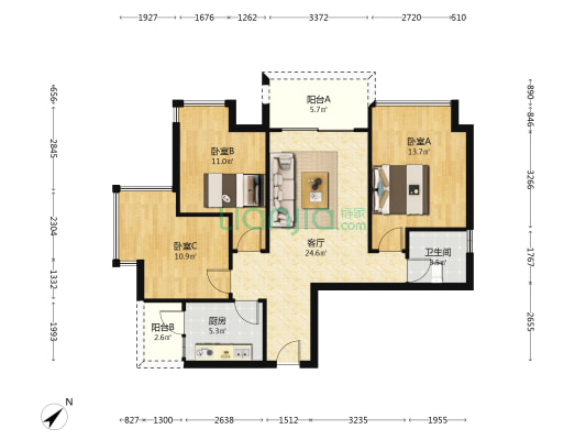 加州花园B区 3室1厅1卫 87平方