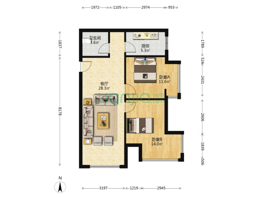 急售，东南向两居室，带车位，转角飘窗-户型图