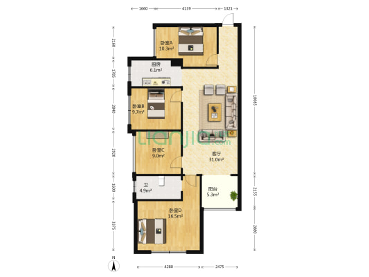 悦湖山 4室1厅1卫 89平方