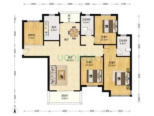 帝源都小区二期 3室1厅2卫 135平方