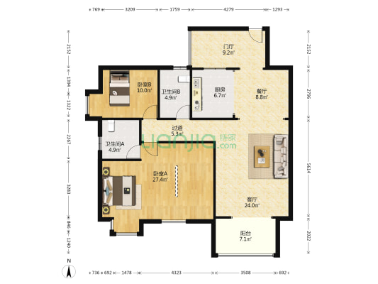 仟坤国际 2室2厅2卫 120平方