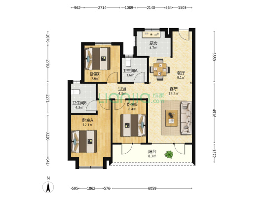 河畔嘉园 3室2厅2卫 108平方